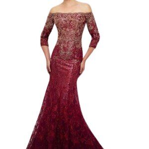 NWT Ivonne D for Mon Cheri 118D07 Beaded lace Formal Gown Cranberry Gold Size 10